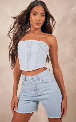 Light Blue Wash Seam Front Raw Edge Denim Bandeau Top