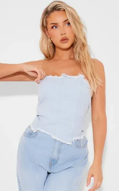 Light Blue Wash Seam Raw Hem Detail Denim Corset Top