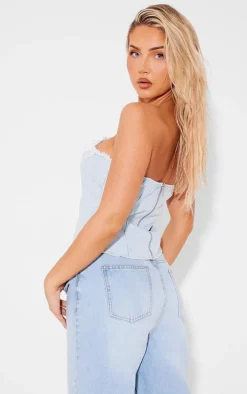 Light Blue Wash Seam Raw Hem Detail Denim Corset Top