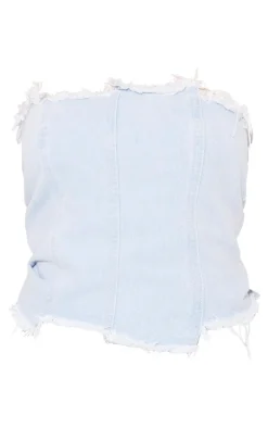 Light Blue Wash Seam Raw Hem Detail Denim Corset Top