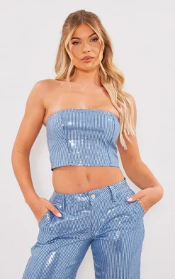 Light Blue Wash Sequin Bandeau Top