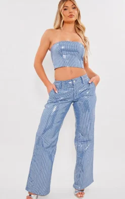 Light Blue Wash Sequin Wide Leg Jean