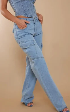 Light Blue Wash Slim Fit Cargo Pocket Boyfriend Jeans