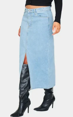 Light Blue Wash Split Front Mid Rise Denim Midi Skirt
