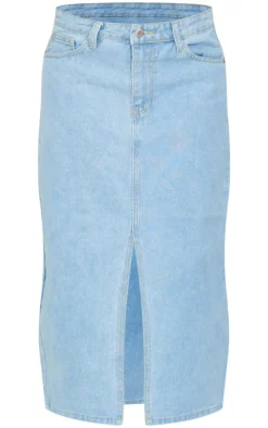 Light Blue Wash Split Front Mid Rise Denim Midi Skirt