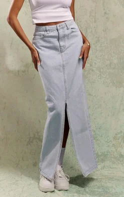 Light Blue Wash Statement Slit Denim Maxi Skirt