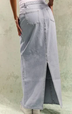 Light Blue Wash Statement Slit Denim Maxi Skirt