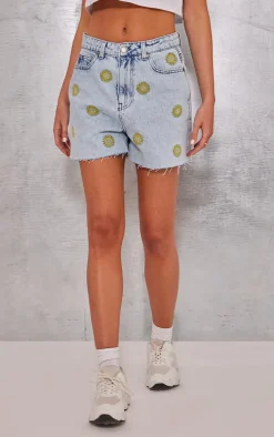 Light Blue Wash Sun Embroidered Denim Mom Shorts