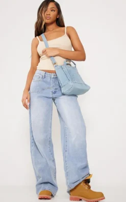 Light Blue Wash Western Detail Wide Leg Jeans