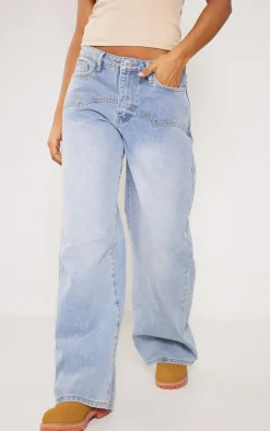 Light Blue Wash Western Detail Wide Leg Jeans