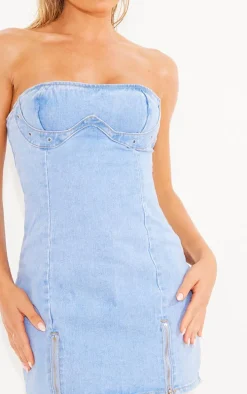 Light Blue Wash Zip Detail Denim Mini Dress