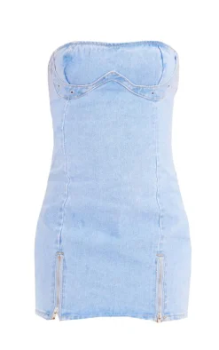 Light Blue Wash Zip Detail Denim Mini Dress