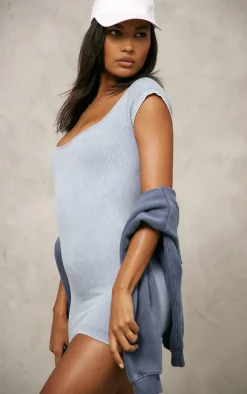 Light Blue Washed Snatched Rib Crew Neck Cap Sleeve Bodycon Dress