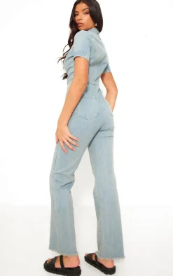 Light Blue Zip Up Racer Style Denim Jumpsuit