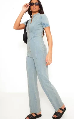 Light Blue Zip Up Racer Style Denim Jumpsuit