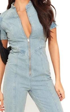 Light Blue Zip Up Racer Style Denim Jumpsuit