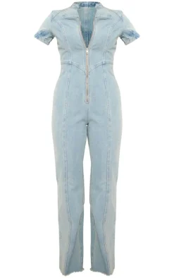 Light Blue Zip Up Racer Style Denim Jumpsuit