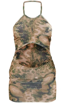 Light Brown Abstract Leopard Printed Cut Out Bodycon Dress