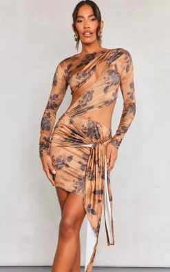 Light Brown Blurred Rose Print Cut Out Bust Panel Long Sleeve Drape Bodycon Dress