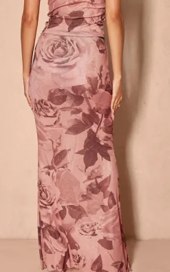 Light Brown Floral Print Onion Skin Lettuce Hem Low Rise Maxi Skirt