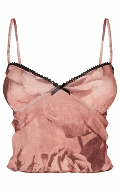 Light Brown Floral Print Onion Skin Ruched Lettuce Hem Cami Top