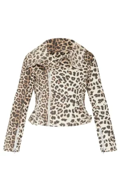 Light Brown Leopard Print Biker Style Denim Jacket