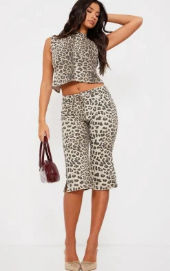 Light Brown Leopard Print Denim Capris