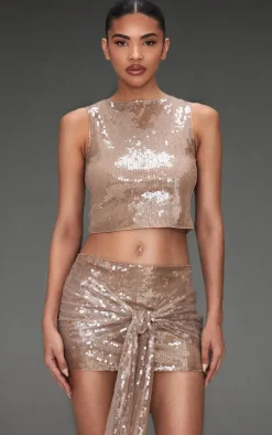 Light Brown Sequin Boatneck Crop Top