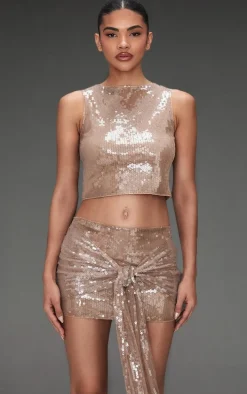 Light Brown Sequin Ruched Drape Micro Mini Skirt