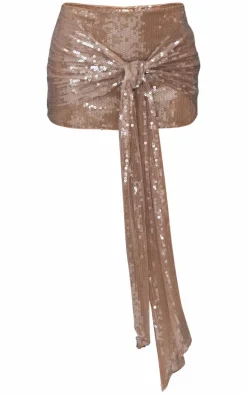 Light Brown Sequin Ruched Drape Micro Mini Skirt