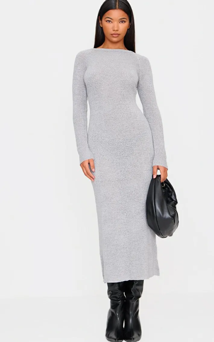 Light Grey Bobble Knit Long Sleeve Maxi Dress