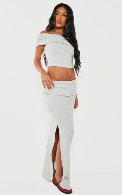 Light Grey Brushed Rib Ruched Detail Foldover Maxi Skirt