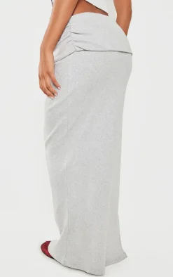 Light Grey Brushed Rib Ruched Detail Foldover Maxi Skirt