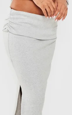 Light Grey Brushed Rib Ruched Detail Foldover Maxi Skirt
