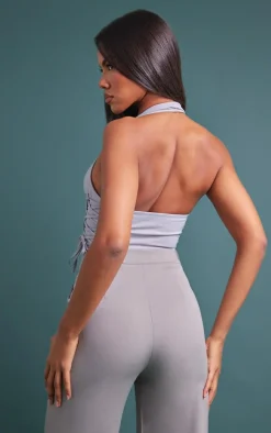 Light Grey Cargo Lace Up Side Zip Up Crop Top