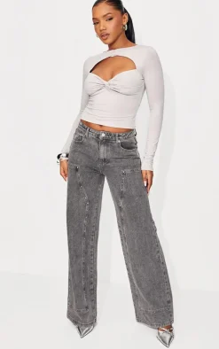 Light Grey Contour Jersey Cut Out Detail Long Sleeve Top