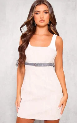 Light Grey Faux Leather Contrast Belted Bodycon Dress
