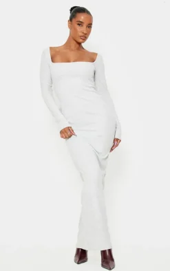 Light Grey Heavy Rib Square Neck Maxi Dress