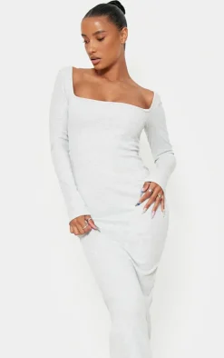 Light Grey Heavy Rib Square Neck Maxi Dress