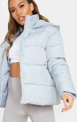 Light Grey Padded Panel Puffer Hooded Jacket