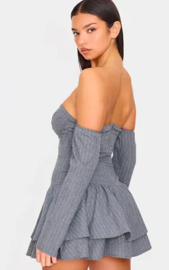 Light Grey Pinstripe Cup Detail Bardot Shift Dress