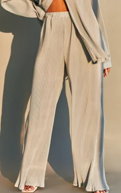 Light Grey Plisse High Waisted Wide Leg Pants