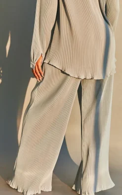 Light Grey Plisse High Waisted Wide Leg Pants