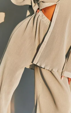 Light Grey Plisse High Waisted Wide Leg Pants