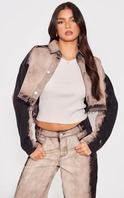 Light Grey Raw Hem Bleach Wash Button Up Cropped Jacket