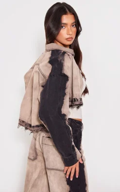 Light Grey Raw Hem Bleach Wash Button Up Cropped Jacket