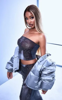 Light Grey Ribbed Collar Detail High Shine Shell Puffer Jacket