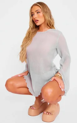 Light Grey Sheer Textured Longline Top