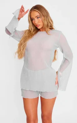 Light Grey Sheer Textured Hot Pants