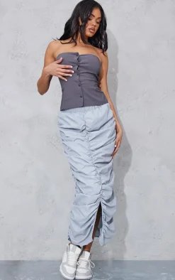 Light Grey Shell Ruched Cargo Midi Skirt